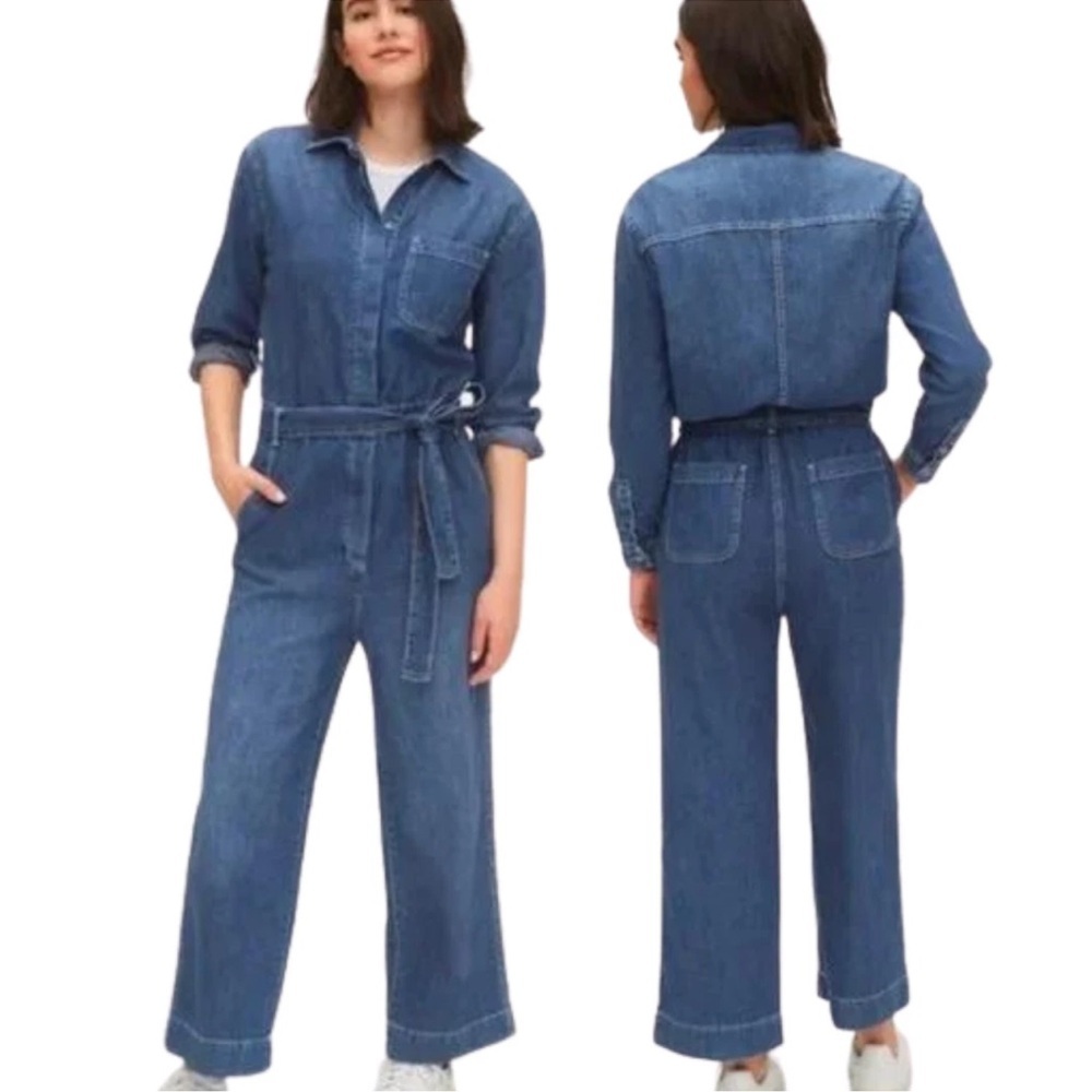 Gap Utility Blue Denim Carwash Romper Jumpsuit 16Tall Wide Leg Tie Belt NEW!
